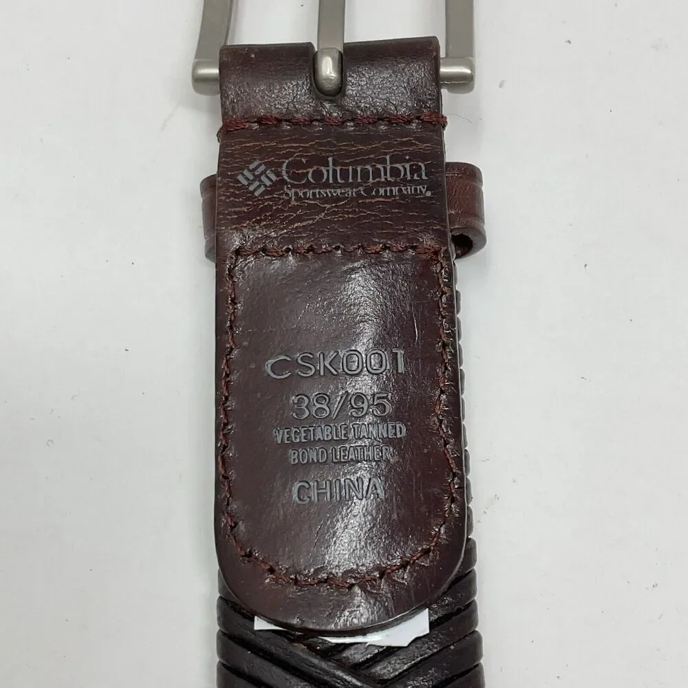 Columbia Sporting Goods Brown Leather Belt Mens 38/95 Laced Braid Pewter Buckle‎